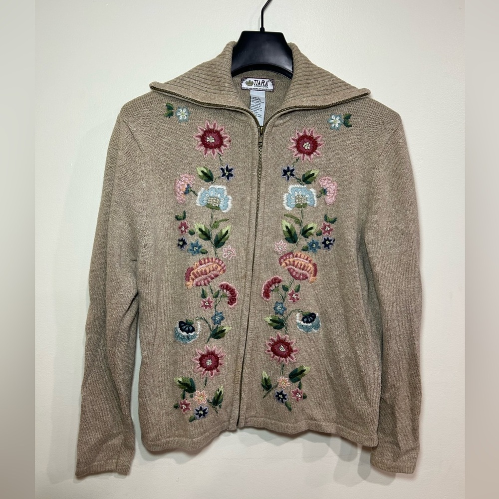 Tiara International 2003 Floral Zip Up Sweater Size Large